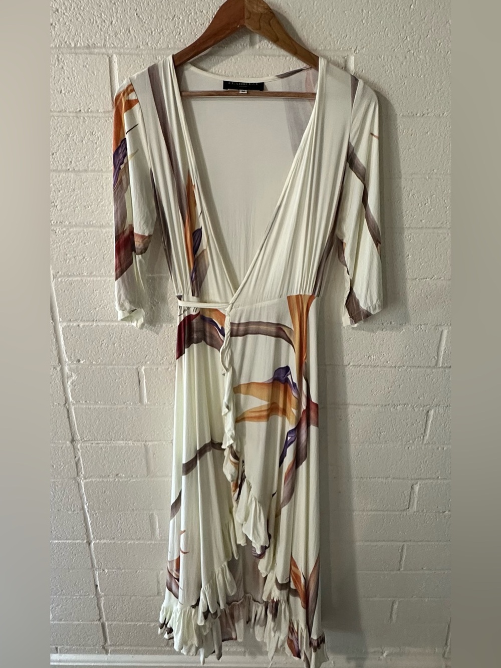 Lexbreezy Hawai’i Cream Floral Wrap Dress with Ruffle Trim
